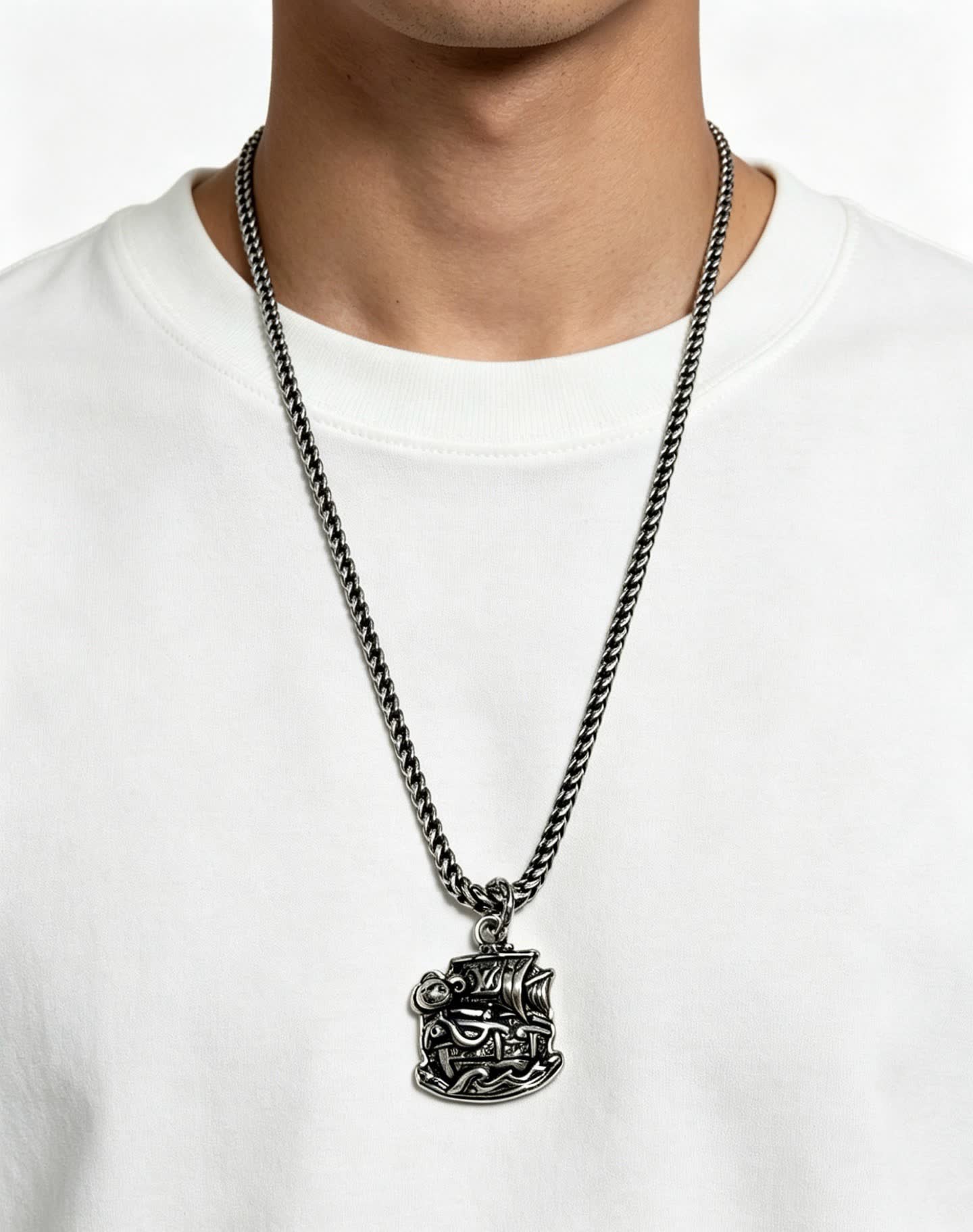 Louis Vuitton Silver Chain Necklace with Ship Pendant